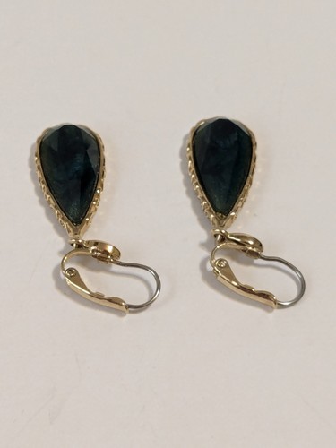Gold Tone Textured Lever back Earrings With Green Marbled Bezel Set Acrylic. 1". - Picture 9 of 12