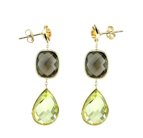 14K Yellow Gold Earrings With Citrine, Smoky And Lemon Topaz Gemstones - Picture 2 of 2