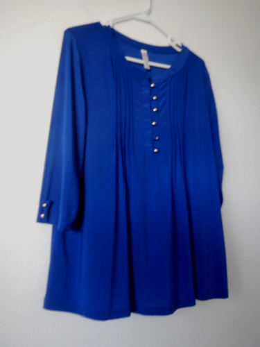 PERCEPTION CONCEPT XL Royal Blue Gold Button Cuffs Pintuck 3/4 Sleeves Blouse - 第 2/6 張圖片