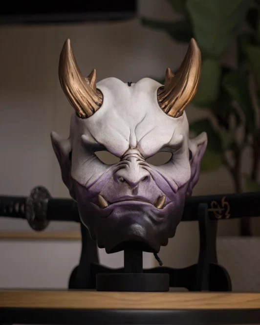 Handcrafted Raijin Oni Mask - Japanese Thunder God | With Wooden Display Stand - Image 2 of 4