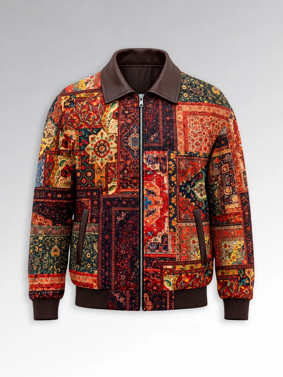 Vintage Persian Rug Patchwork Bomber Jacket Men Women Multicolor Printed Zip-Up - product detail image 4