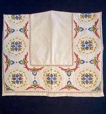 Vintage Embroidered Linen Tablecloth Penn Dutch Folk Art Tulips 59x48 Handmade