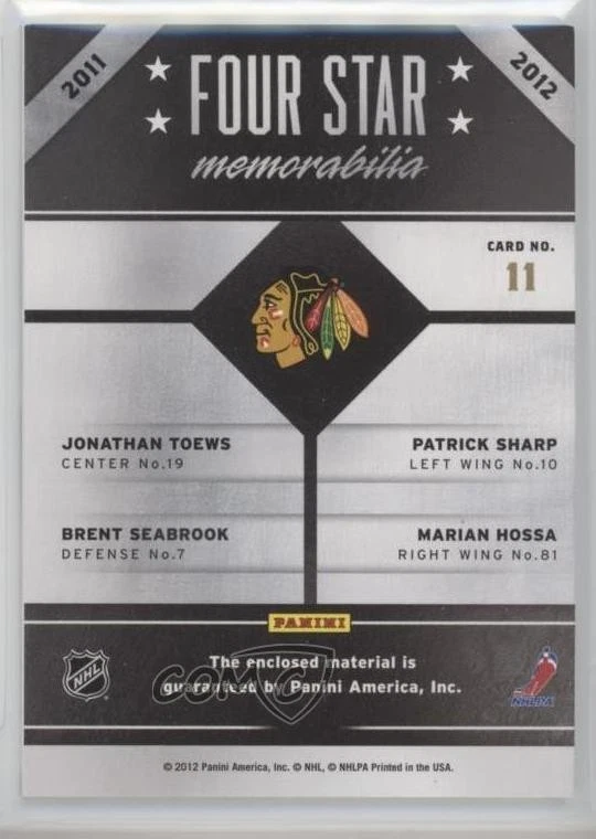 Memorabilia de cuatro estrellas Panini Titanium 2011/75 Brent Seabrook Jonathan Toews Salón de la fama Foto 2 de 2