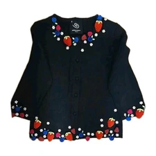 VTG Michael Simon Event Sweater Cardigan Black Sz Small Strawberry And Flowers