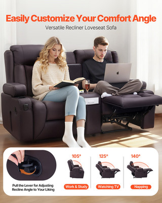 Manual Loveseat Recliner Sofa PU Leather w/Console USB Brown