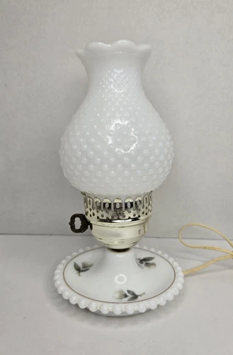 Vintage Floral Hand-Painted Milk Glass Hobnail Electric Hurricane Lamp 11" Tall