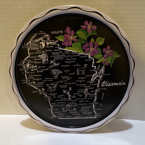 Wisconsin Souvenir Tray with Map and Violets Design Vintage