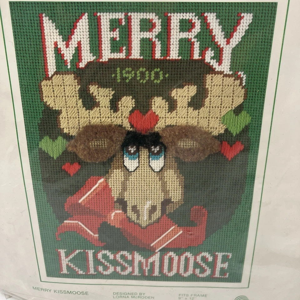 De Colección Sunset Needlepoint Kit 6054 Feliz Kissmoose Alce Navidad Sellado 1983 Foto 2 de 4