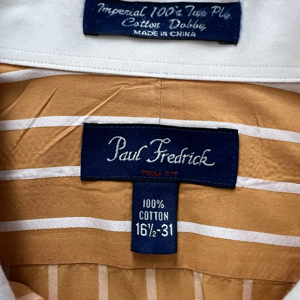 Paul Frederick Cotton Dobby Striped Dress Shirt Gold/White French Cuffs 16.5-31 - Image 2 of 4