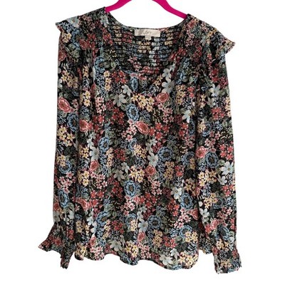 LOFT Bouquet Floral Flirty V-Neck Puff Sleeves Ladies Multi Color Blouse, L