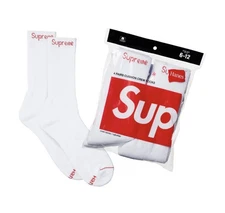 Supreme X Hanes Crew Socks - White, Pack of 4, Size 6-12