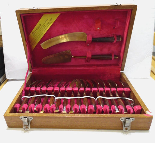 Cubiertos de bronce James vintage años 60 cubiertos de postre cubiertos de madera de teca caja Tailandia - Imagen 1 de 12