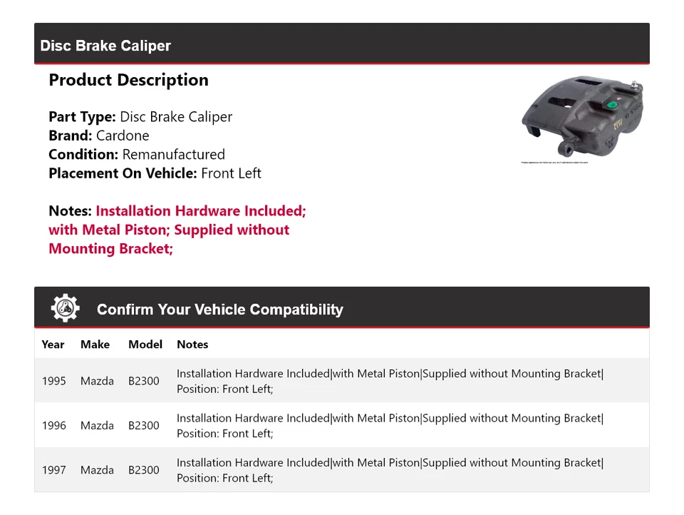 Pinza de freno de disco delantera izquierda cardone 1996 para Mazda B2300 1995-1997 Foto 2 de 4