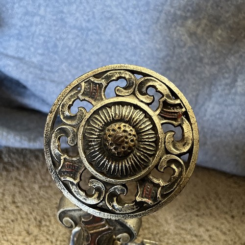 Antique ANDIRONS W/Log Guard-Flower Medallions-Hammered Look-Gothic-Deco-shields - Picture 6 of 19