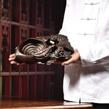 Natural Ebony Wood Carved Bat Ashtray Sculpture Table Decor