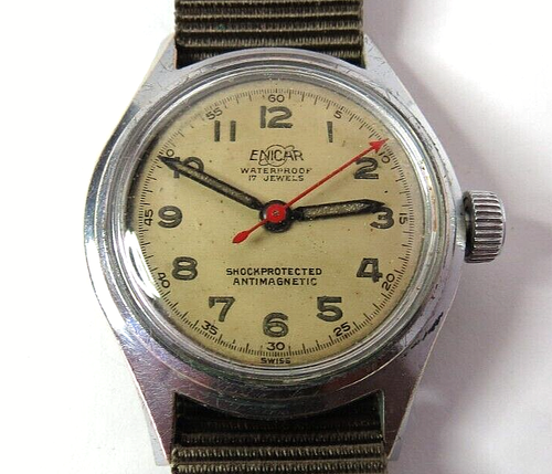 VINTAGE SWISS MENS 1940s ENICAR MANUAL WIND MILITARY WRISTWATCH RUN’S