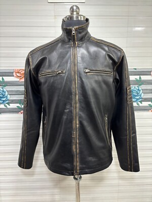 Herren Distressed Schwarz Retro Vintage Biker Jacke Echtleder Rub Off Jacket