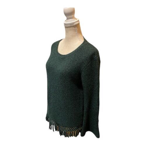 John + Jenn Womens Size XS Knit Dark Green Sweater Fringe Tassels Round Neck - Picture 2 of 15