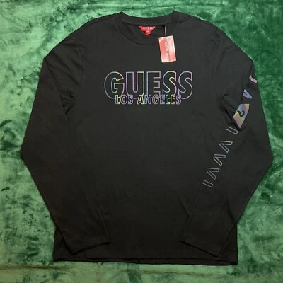 GUESS Los Angeles Men’s Long Sleeve T-Shirt LARGE Black w/Purple, Gray Cotton  - Image 1 of 4