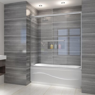 60''W x 62''H Semi-Frameless Sliding Tub Shower Door 1/4'' Tempered Glass, Chrome