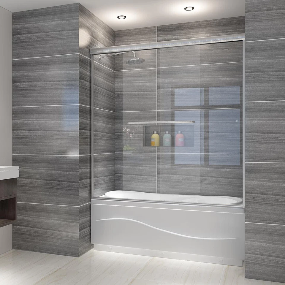 ELEGANTE 60" W X 62" H Bañera Ducha Puerta Corredera 6mm Panel Vidrio Níquel Cepillado Foto 2 de 4