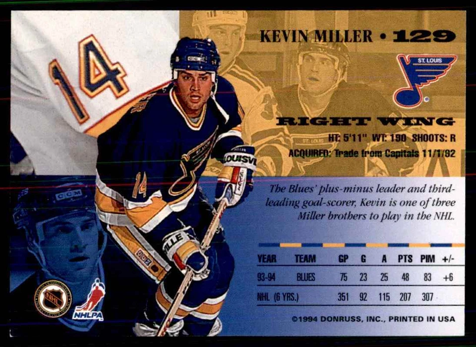 1994-95 Leaf Kevin Miller St. Louis Blues #129 - Image 2 of 2