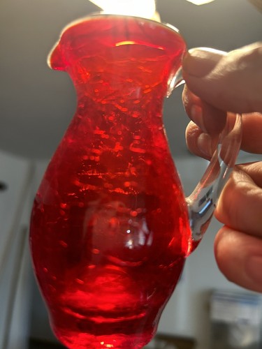 Vintage Red Orange Crackle Blown Art Glass Creamer Small Pitcher Clear Handle - Picture 10 of 11