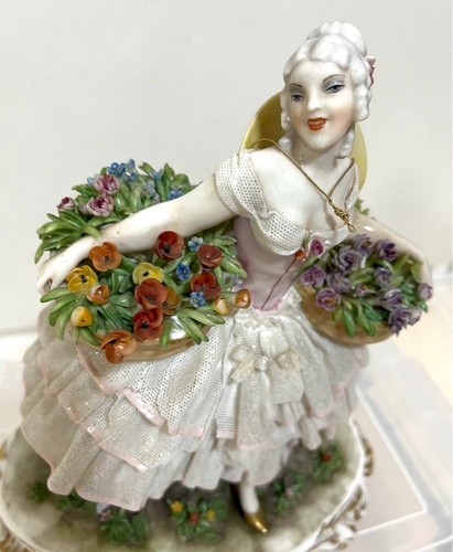 Luigi Fabris Porcelain Lace Figurine Lady with Flower Basket Italy 9.8in Authent - Picture 2 of 9