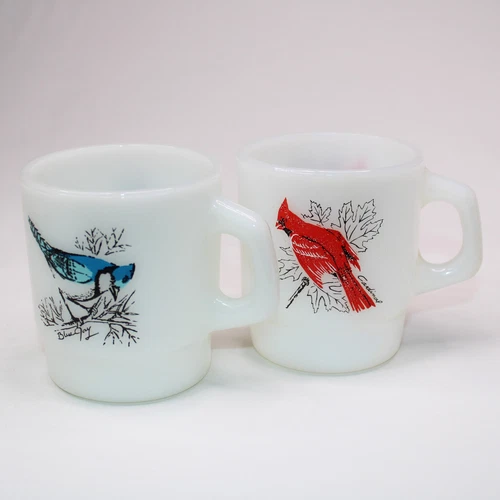 2 VTG Anchor Hocking Fire King Milk Glass D Handle Coffee Cup Cardinal Blue Jay