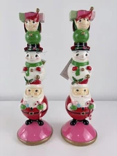 2 JINGLES AND JOY SANTA SNOWMAN ELF CHRISTMAS CANDLE HOLDERS