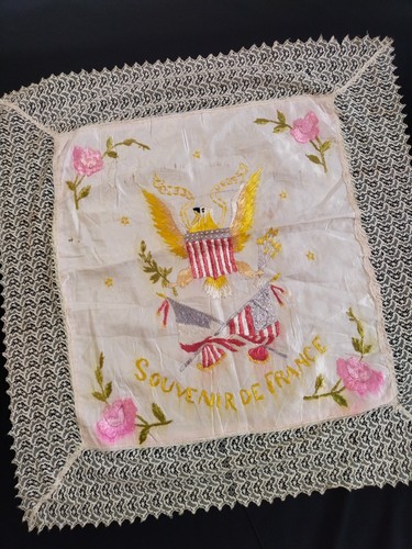 Vintage WWII souvenir de France silk embroidery needlework textile panel 1212