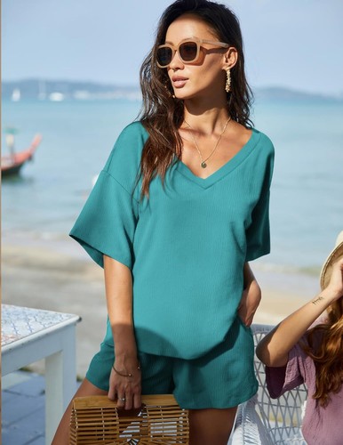 2 Pcs Womens Lounge Set V-Neck Pajama Sets Oversized Summer Outfits with Pockets - Picture 30 of 74