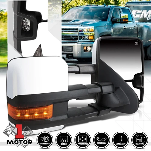[Pair] Chrome Power+Heated Amber LED Signal Towing Mirror for 14-18 Silverado