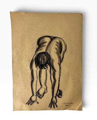 T Billington Signed Crouching Nude Figure Drawing