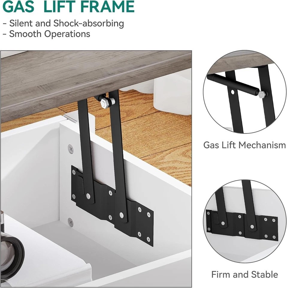 Table Basse Relevable avec Rangement 2 Niveaux Hauteur Réglable Blanc & Gris - Photo 4/4