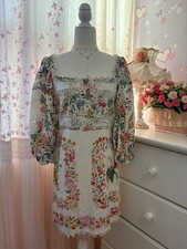 Farm Rio Delicate Forest Scarves Billowy-Sleeve Embroidered Minidress Size M
