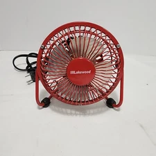 Vintage METAL Lakewood 5 1/2" Inch Small 4 Blade RED Desk Fan, Tested -EUC