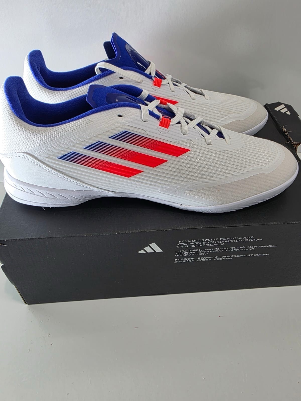 SAOLA Scarpe da calcio calcio Adidas F50 League IN taglia 12 bianche rosso solare e blu