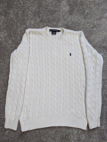 Ralph Lauren Sport Womens Cable-Knit Jumper Size L White Sweater Logo Pony