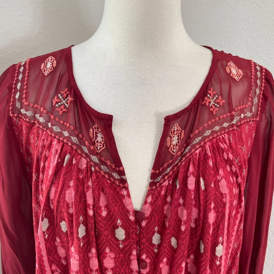 Camisa Blusa Campesina Boho Bordada Lucky Brand Para Mujer Plus XXLE Manga 3/4 Foto 2 de 4