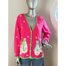 Cárdigan Suéter Vintage TimberLea Rosa Navidad Gato Novedad Feo Vacaciones