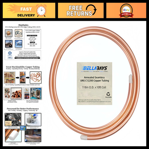 Copper Tubing 7/8" OD x 10 ft - Seamless Soft Coil for HVAC, Refrigeration, DIY