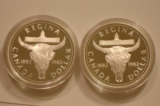 (2) 1982 Commemorative SILVER Dollars Canada .75 troy oz ASW Superb GEM PROOF