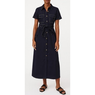 THE SHIRT Rochelle Behrens Whitney Navy Midi Dress White Stitching Belted