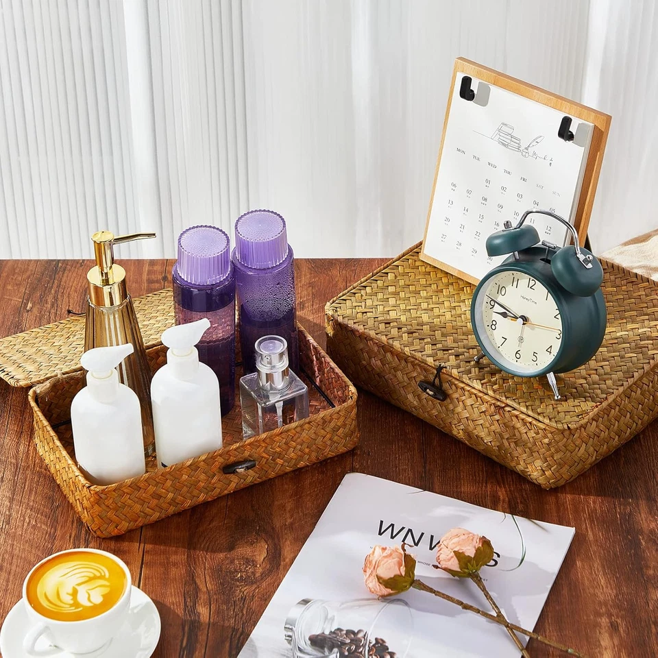 Set Di 4 Cestini in Vimini Con Coperchio, Contenitori Decorativi Con Coperchio, - Immagine 4 di 4