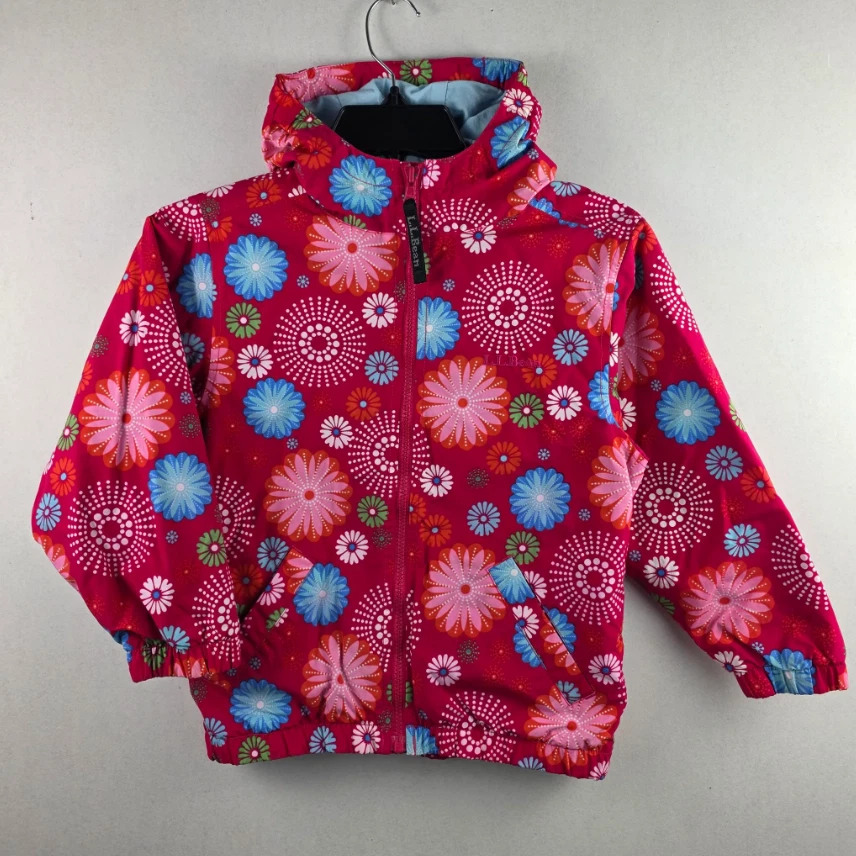 LL Bean Girls L 6X/7 Pink Floral Hooded Lined Rain Jacket Windbreaker Kids Coat