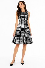 CH CAROLINA HERRERA dress L black white stripe knit fit flare a line sleeveless