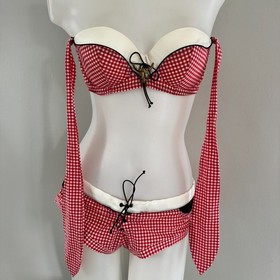 AGENT PROVOCATEUR Red Gingham CALAMITY Cowgirl Swim Bikini Bra Top Shorts 36C L