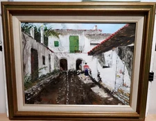 ANNIE PITTLE WHITE SPANISH VILLA ORIGINAL OIL ON CANVAS LANDSCAPE PAINTING 1985