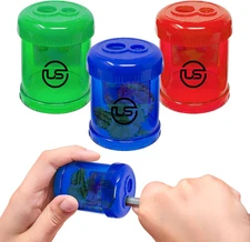 Pencil Sharpeners, 3 Pack Blue Dual Hole Sharpener with Receptacle Pencil Sharpe